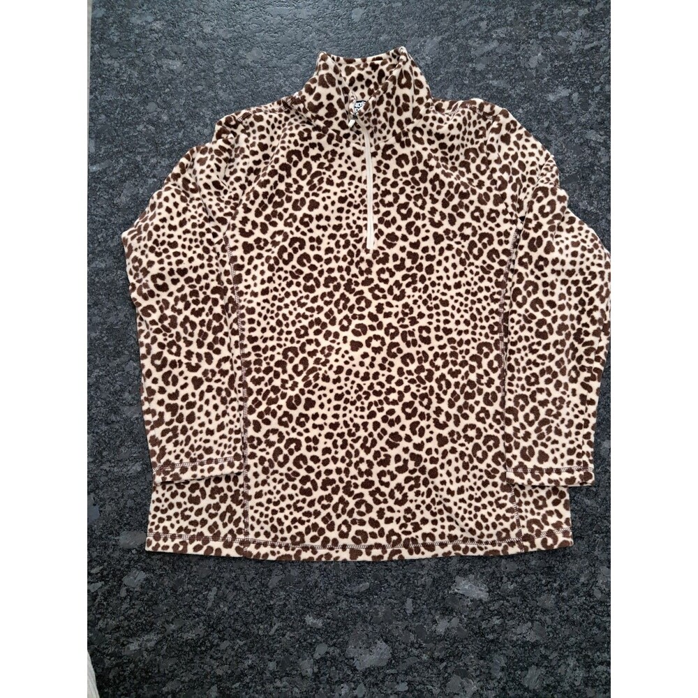 Lands End Leopard Animal Print Fleece Pullover Quarter Zip Women's Size Large